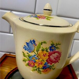 Vintage Harker pottery company 1930’s cross stitch pattern teapot with lid